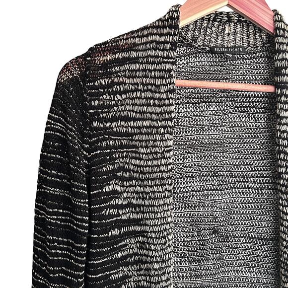 Eileen Fisher Wool Linen Cardigan S Black Cream White Open Knit Sweater Capsule - Picture 6 of 6